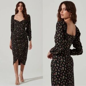 ASTR The Label Revolve Black Pink Ditsy Floral Tea Length Sexy Puff Sleeve Dress